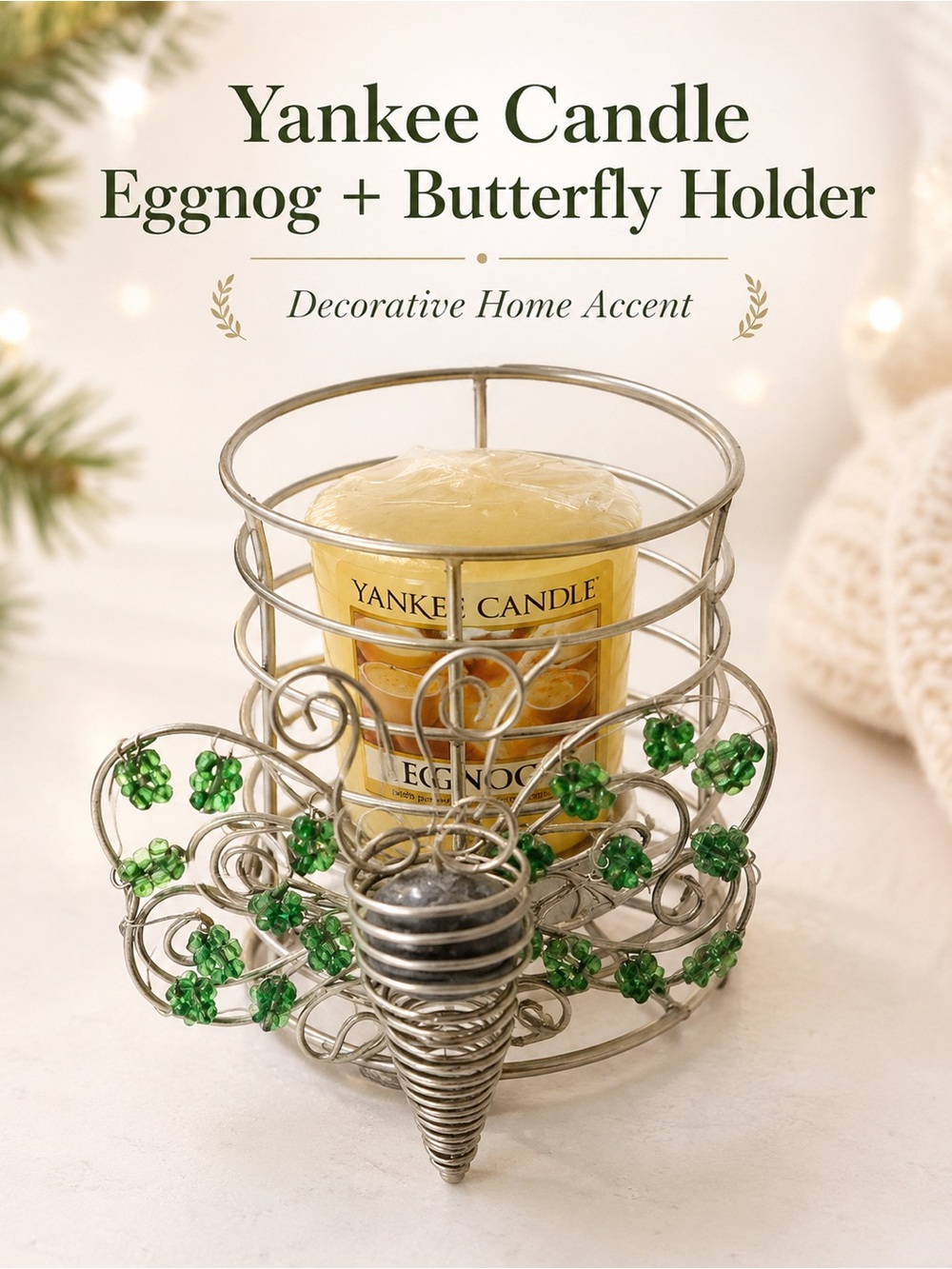 Yankee Candle Eggnog Butterfly Wire Candle Holder Green Beaded Decor